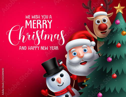 Merry christmas greeting text and christmas characters like santa claus, reindeer and snowman waiving hand in a christmas tree in red background. Vector illustration.
