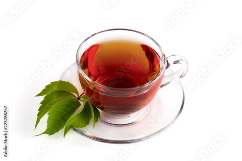 Cup with tea and green leaf on white