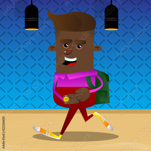 Schoolboy checking his watch. Vector cartoon character illustration.