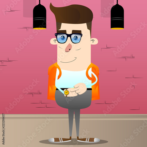 Schoolboy checking his watch. Vector cartoon character illustration.