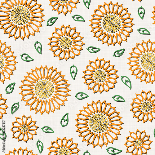  Embroidery floral seamless pattern on linen cloth texture