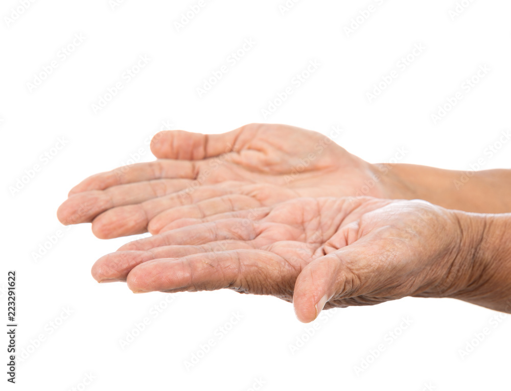 Fototapeta premium old empty hand open isolated on white background