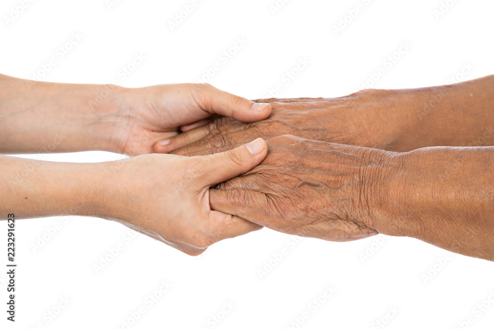 old and young female hand isolated on white background old and young female hand isolated on white background