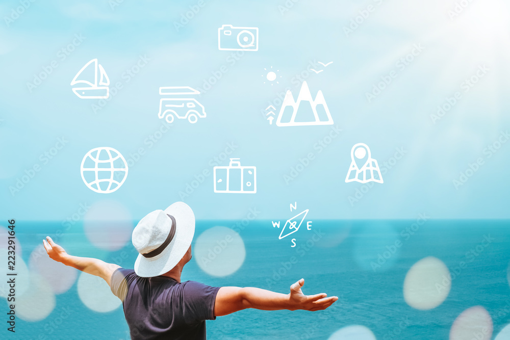 Travel vacation icons mixed screen on man rising hand up to sky with ocean background to plan for long weekend.