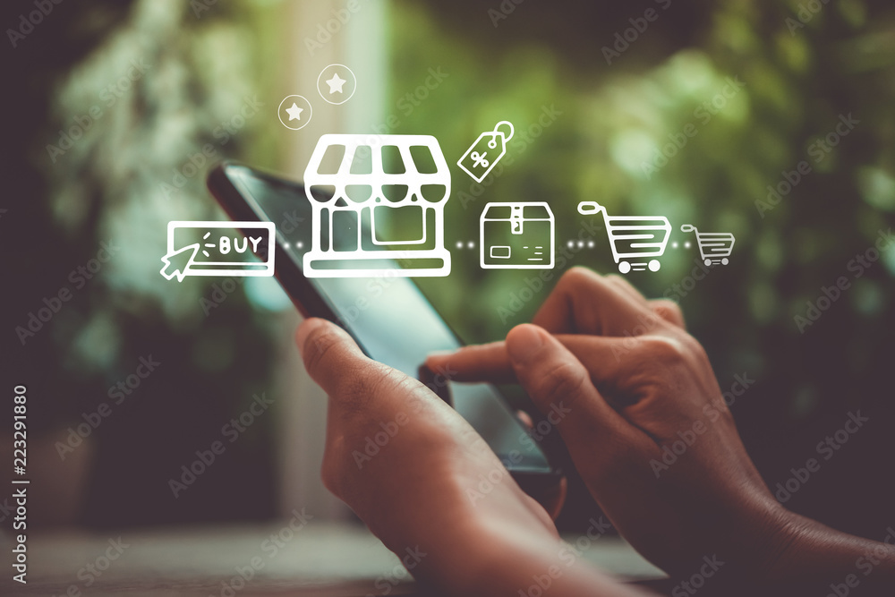 Women hand using smartphone do online selling for people shopping online with chat box, cart, dollar icons pop up. Social media maketing concept. - obrazy, fototapety, plakaty 