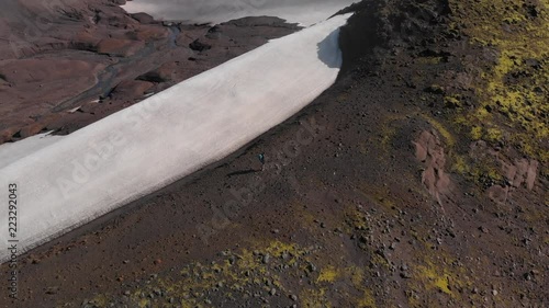 Aerial View of Hiker Walking on Iceland's Fimmvörðuháls Trail photo