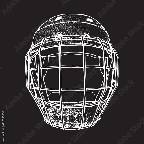 Hockey Helmet with mask. Front view. Sports Vector illustration isolated on black background. Ice hockey sports equipment. Hand drawn helmet in sketch style..