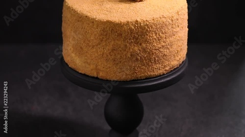 honey cake decorated with physalis on a dark background