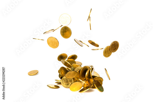Movement of falling gold coin, flying coin, rain money isolated on white background, business and financial wealth and take profit concept.