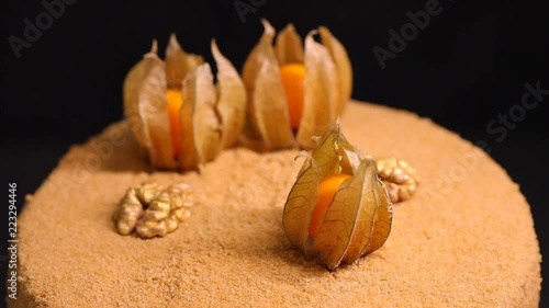 honey cake decorated with physalis on a dark background