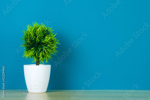Little decorative tree and flower bouquet in white vase on wooden table.