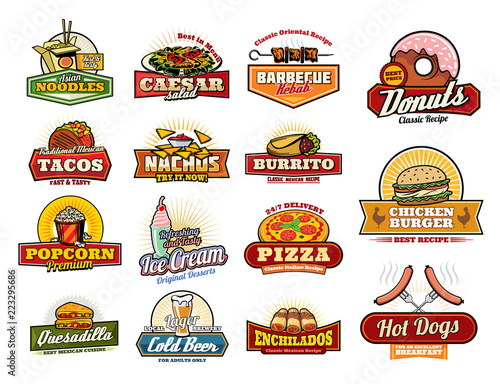 Mexican, Asian fast food snacks and meals icons