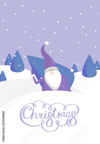 Merry Christmas greeting card with cute Santa Claus with fir tree and snow.