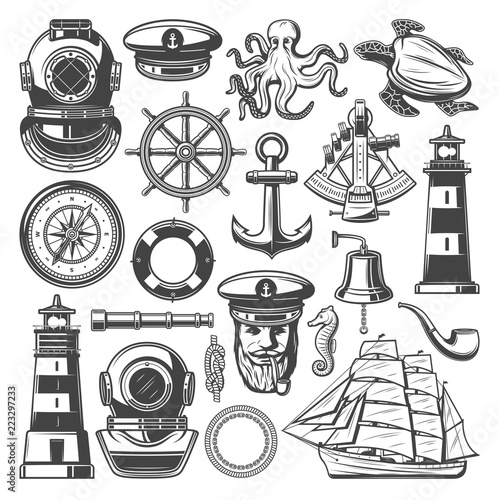 Nautical symbols and marine sailing vector icons