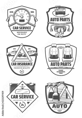 Car repair diagnostic service and auto parts icons