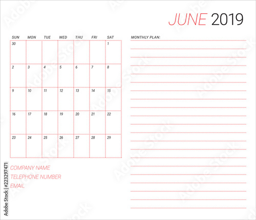 June 2019 desk calendar vector illustration