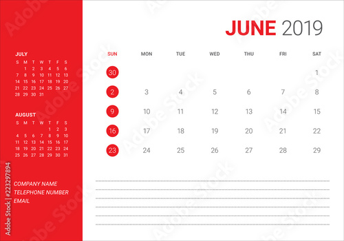 June 2019 desk calendar vector illustration