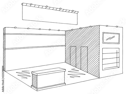 Exhibition stand graphic interior black white sketch illustration vector
