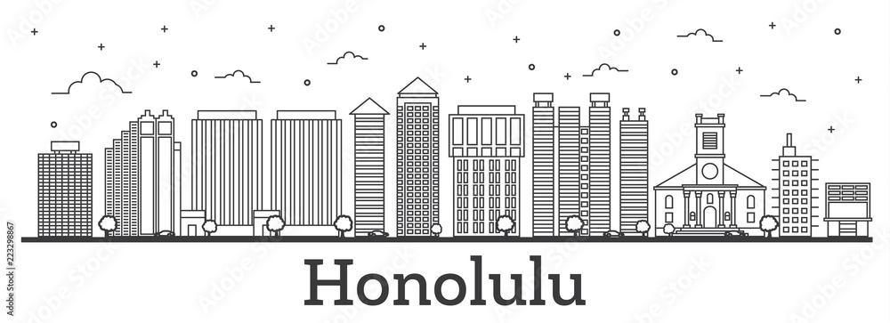 Outline Honolulu Hawaii City Skyline with Modern Buildings Isolated on White.