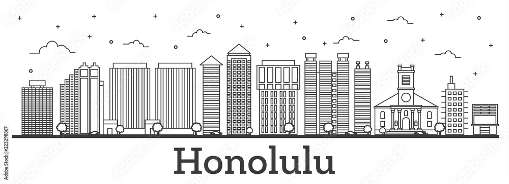 Outline Honolulu Hawaii City Skyline with Modern Buildings Isolated on White. Outline Honolulu Hawaii City Skyline with Modern Buildings Isolated on White.