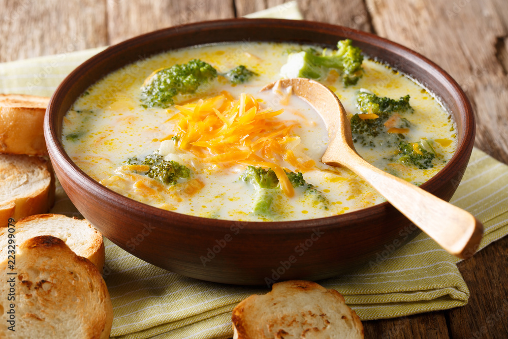 Spicy thick creamy broccoli cheese soup in a bowl with toast close-up. horizontal
