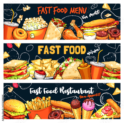 Fast food burgers, pizza and hot dogs sketch