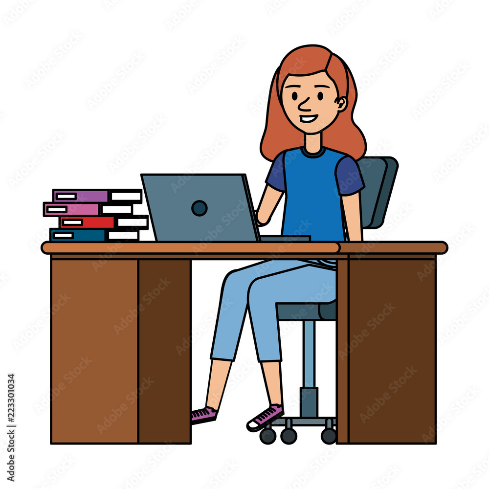 young woman at desk with laptop and books young woman at desk with laptop and books