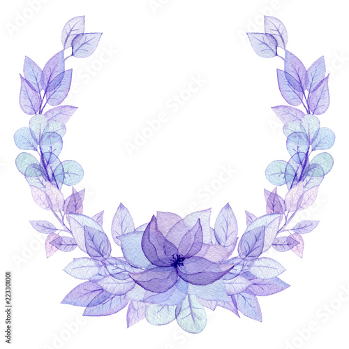 Wreath with Watercolor Light Violet Leaves and Flowers