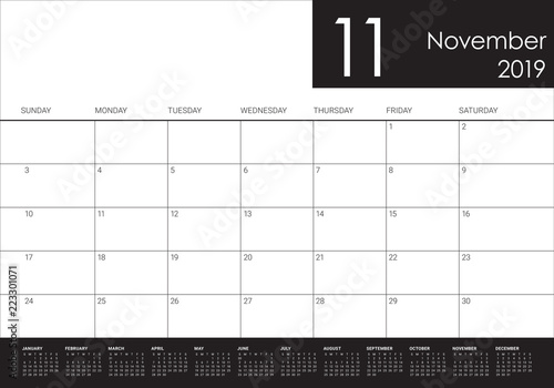 November 2019 desk calendar vector illustration