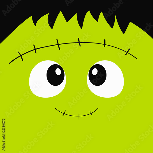 Frankenstein Zombie monster square face icon. Happy Halloween. Cute cartoon funny spooky baby character. Green head. Greeting card. Flat design. White background.