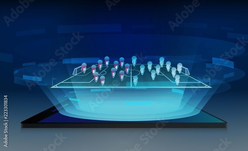 Phone on Football arena field with bright stadium lights vector design and information scoreboard. Vector illumination
