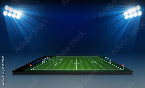 Phone on Football arena field with bright stadium lights vector design and information scoreboard. Vector illumination