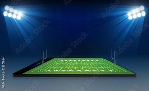 Phone on American football arena field with bright stadium lights design. Vector illumination
