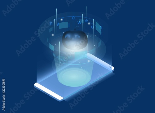 Cute halloween pumpkins in Smartphone Touchscreen mobile phone glows. Vector illustration.