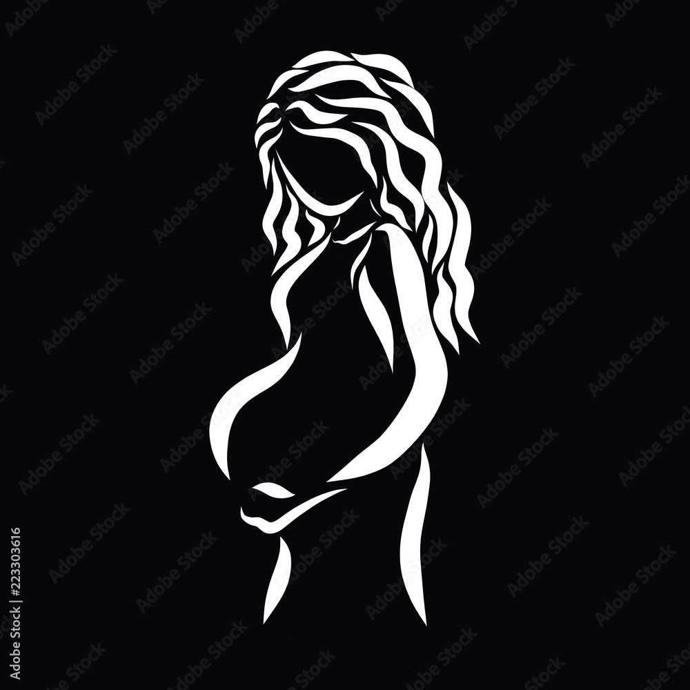 Young pregnant woman, silhouette of white lines on a black background