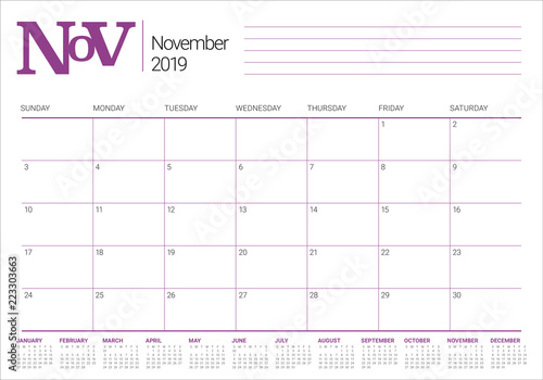 November 2019 desk calendar vector illustration