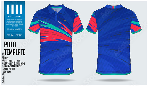 Blue gradient Polo t-shirt sport template design for soccer jersey, football kit or sportswear. Sport uniform in front view and back view. T-shirt mock up for sport club. Vector Illustration.