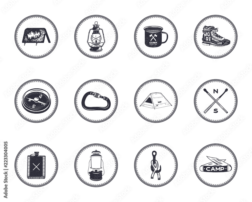Set of 12 camping silhouette icons and symbols. Hiking equipment elements - tent, boot, lantern, compass. Stock vector adventure emblems isolated. Good for T-Shirt print, mugs, other identity Set of 12 camping silhouette icons and symbols. Hiking equipment elements - tent, boot, lantern, compass. Stock vector adventure emblems isolated. Good for T-Shirt print, mugs, other identity