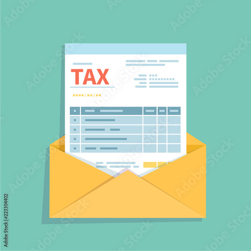 Tax in an open envelope. Unfilled, minimalistic form of the document. Payment and invoicing, business or financial operations sign. Template design in the flat style. Vector isolated icon