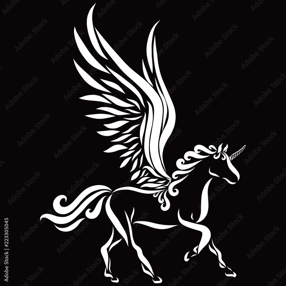 Fototapeta premium Graceful unicorn with wings, black background and white pattern