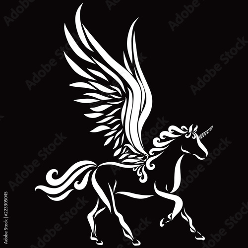 Graceful unicorn with wings  black background and white pattern