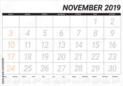 November 2019 desk calendar vector illustration