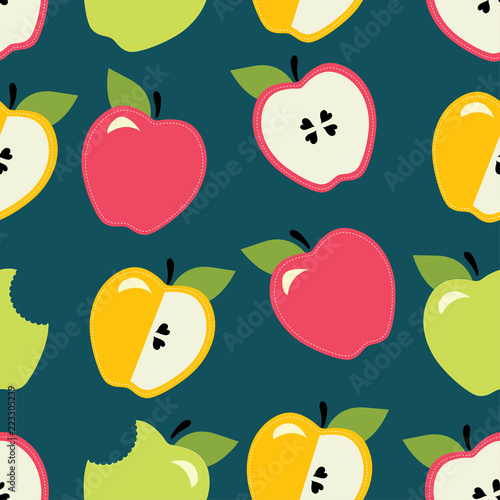 Fototapeta Naklejka Na Ścianę i Meble -  Cute apple, endless pattern with flowers. Seamless pattern can be used for wallpaper, pattern fills, web page background, surface textures.