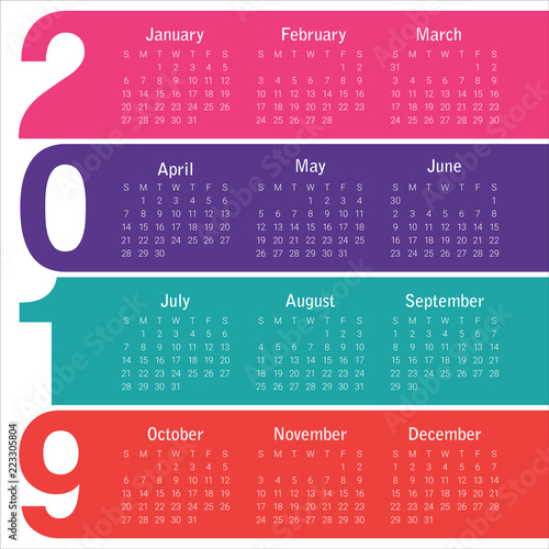 Year 2019 calendar vector design template