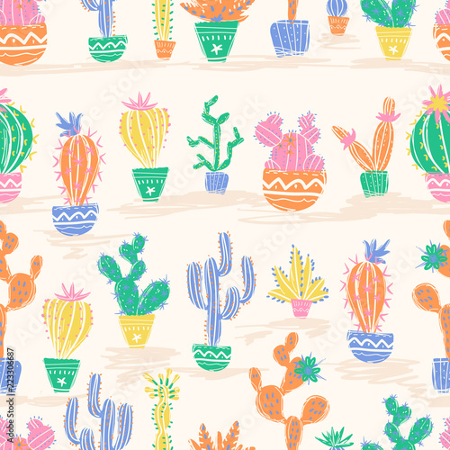 Vector illustration of hand drawn cactus. Seamless pattern. Brig