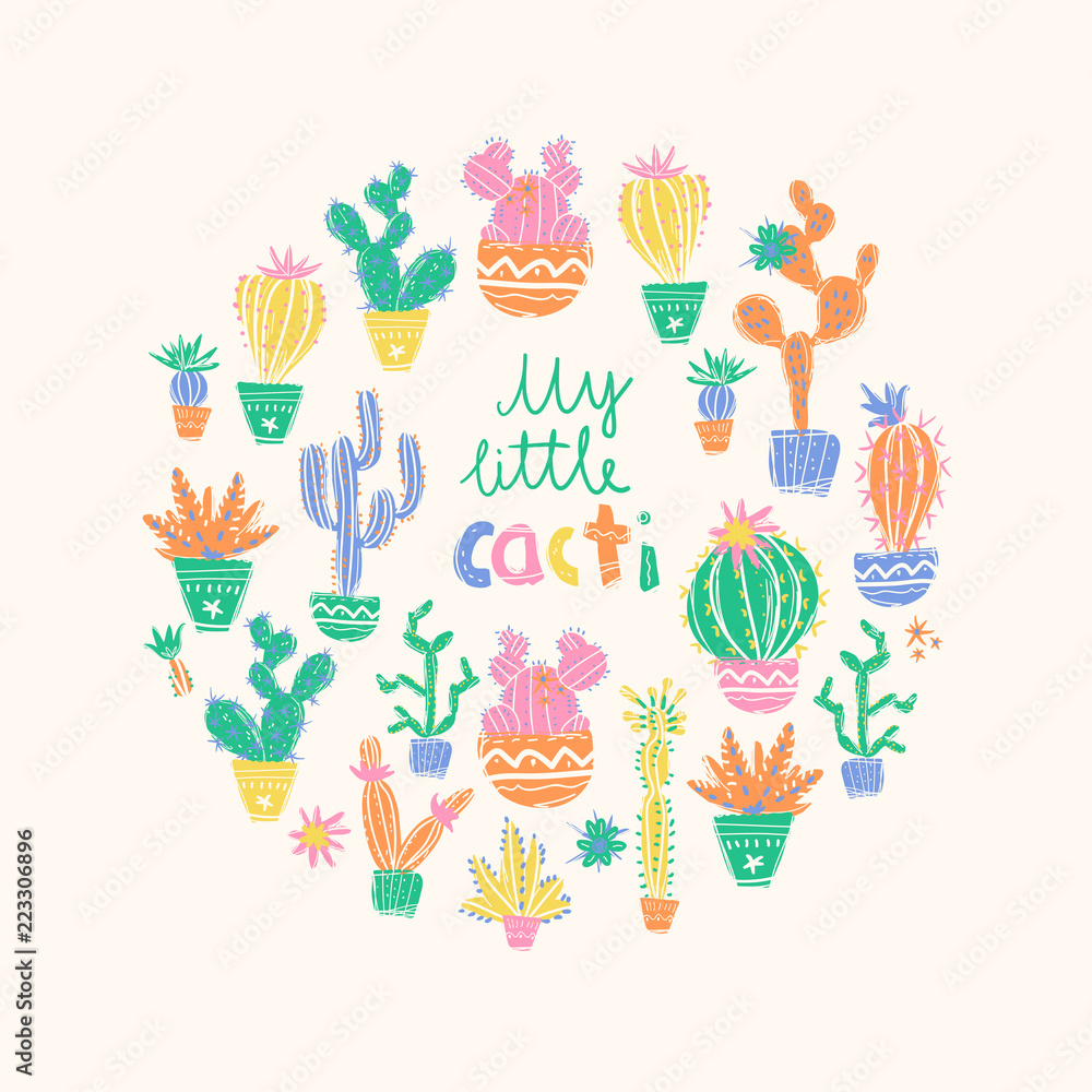 Vector illustration of hand drawn cactus. Round composition. Bri Vector illustration of hand drawn cactus. Round composition. Bri