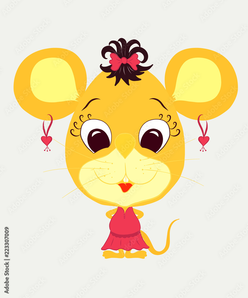 Smiling yellow mouse girl with earrings, hair and dress Smiling yellow mouse girl with earrings, hair and dress