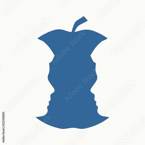 An apple or two men face profile view. Optical illusion. Human head make silhouette of fruit. Homosexual relative silhouettes