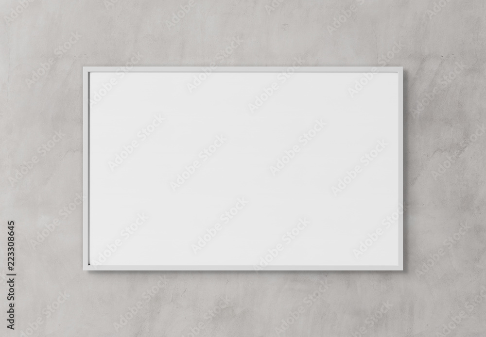 White rectangular horizontal frame hanging on a white wall mockup 3D rendering - obrazy, fototapety, plakaty 