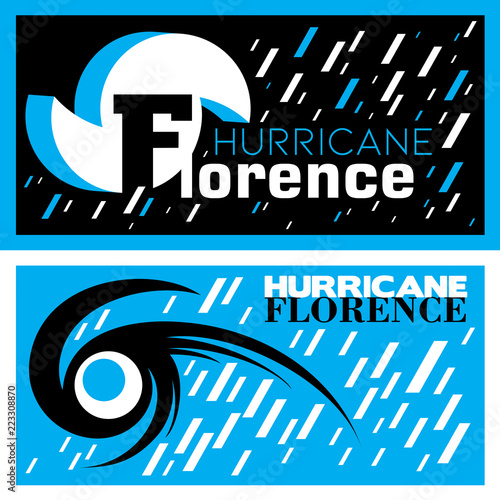Two abstract vector mnemonic designs with rain and thunderstorm symbols of Hurricane Florence in blue and black color schemes